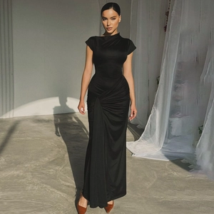 Elegant black sleeveless ruched maxi dress in silky satin fabric for a slim fit silhouette