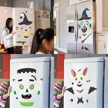 Close-up of various Halloween gnome and skeleton magnetic stickers on refrigerator doors