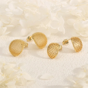 French style 18K gold plated mesh lattice dome stud earrings on elegant white floral background