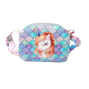 Pink and blue unicorn crossbody bag for girls with glitter scales and cute cartoon print