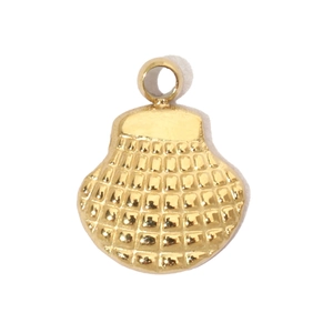 Detailed view of a gold-plated stainless steel shell pendant with textured surface