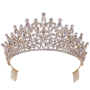 Baroque golden bridal crown with sparkling rhinestones and integrated hair combs for wedding