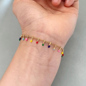 Bohemian style gold bracelet with colorful enamel droplet charms for women