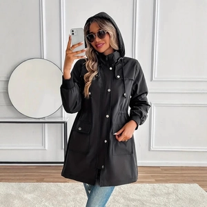 Detail of black long hooded jacket with metal snap buttons and drawstring waist feature