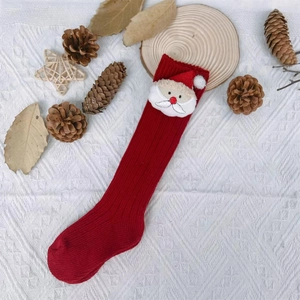 Festive red Christmas knee high socks for babies with 3D Santa Claus applique detail