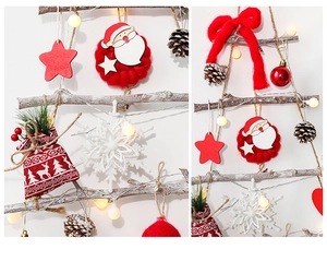 Detailed close-up of DIY wooden Christmas tree wall hanging with ornaments and LED lights