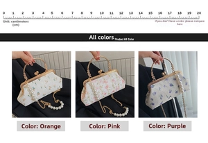 Detailed comparison of embroidered shell bags in orange, pink, and purple with 20cm ruler