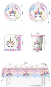 Size chart for unicorn themed party tableware including plates, cups, napkins and tablecloth