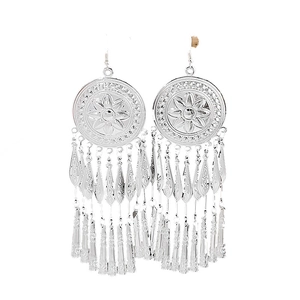 Bohemian silver tassel earrings with geometric round floral relief and long metal fringe