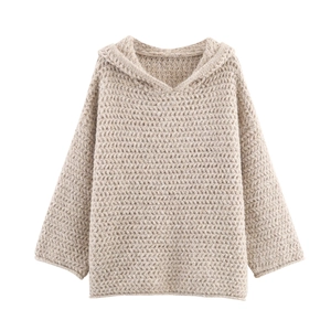 Women Hooded Sweater Chunky Knit Pullover Loose Casual Autumn Winter Solid Color Lazy Style Top