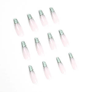 Light pink jelly coffin press-on nails with green snakeskin pattern design 12pcs
