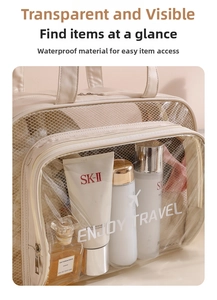 Close-up of waterproof travel toiletry bag with internal mesh pocket and clear PVC design