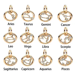 Zodiac Constellation Charms Gold Plated White Copper Round Hollow Cubic Zirconia Beads For DIY Jewelry Making