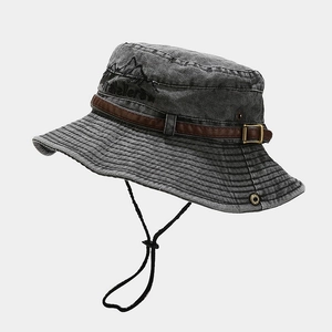 Cappello Alla Pescatora Cotone Lavato Vintage Cappello Sole Esterno Cinturino Pelle Cordino Antivento Regolabile Retrò Pesca