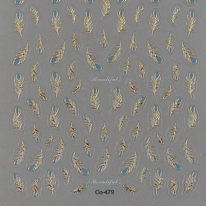5D gold leaf nail stickers with blue feathers and metallic gold outline, model Co-479