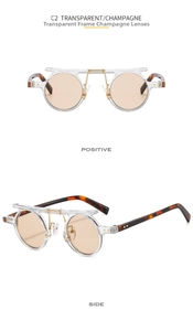 Detail view of round punk sunglasses with transparent frames and champagne lenses