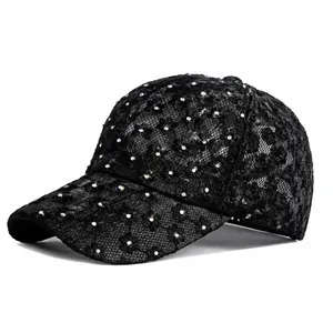 Women's black lace baseball hat with floral embroidery and sparkling rhinestones
