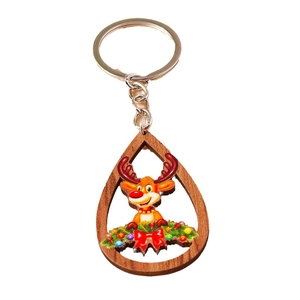 Porte-clés de Noël en bois goutte d'eau avec motif renne et anneau en métal argenté