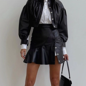 Women's chic black PU leather jacket and mini skirt set with a white cotton shirt