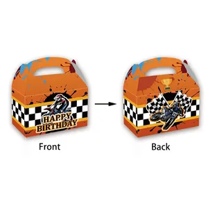 Detail view of orange motocross theme birthday gift box with checkered flags and racers