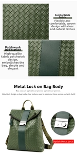 Detail of woven faux leather texture and silver metal twist lock on green backpack
