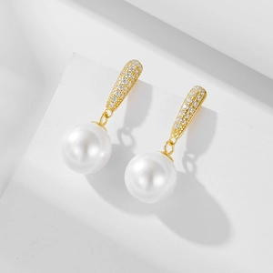 Round Artificial Pearl Drop Earrings With 925 Sterling Silver Earring Post Zircon Inlaid Geometric Bar Elegant Jewelry For Women