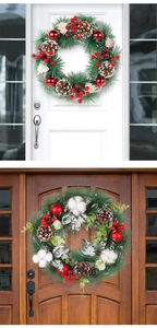 Detailed views of Christmas wreaths featuring pine cones, red berries and cotton accents