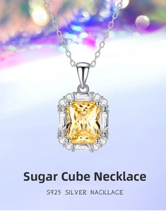 Detailed macro view of S925 silver necklace featuring a square yellow crystal pendant