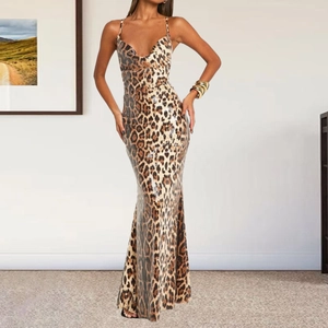 Damen Leopard-Paillettenkleid rückenfrei mit tiefem V-Ausschnitt und Meerjungfrau-Saum