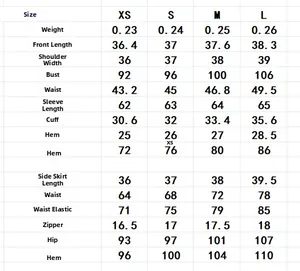 Detailed size chart for lace cardigan top and skirt set covering XS to L measurements