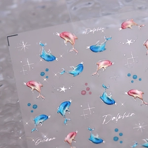 3D relief dolphin nail art stickers with pink blue gradient stars and ocean bubbles