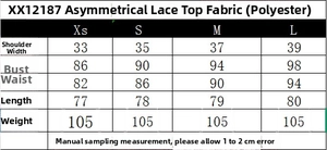 Detailed size chart for asymmetrical lace top with shoulder and chest measurements