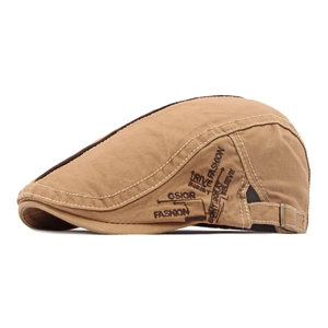 Classic khaki canvas flat cap with vintage side embroidery and adjustable metal buckle