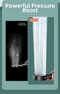 Side-by-side comparison showing high-pressure water flow from a matte black shower head