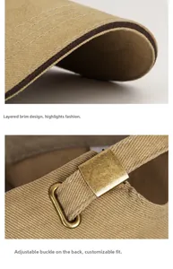 Detail of adjustable metal buckle and sandwich brim design on khaki cotton baseball cap