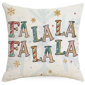 Detail of pink Christmas pillowcase texture with colorful FA LA LA artistic lettering