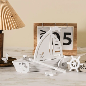 Modèle de voilier blanc méditerranéen en bois avec ancre et barre pour déco DIY