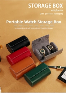 Detail of portable leather watch cylinders with soft grey lining in multiple colors