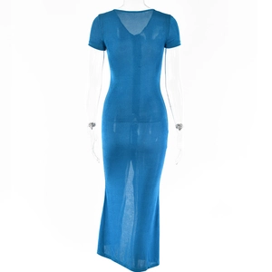 Back view of a long blue sheer dress with short sleeves on a transparent model mannequin