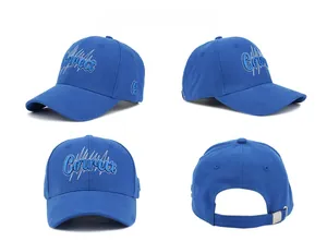 Detailed four-way view of blue baseball cap with 3D embroidery and adjustable strap