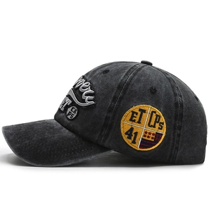 Vintage washed cotton baseball cap with distressed embroidery and side patch detail