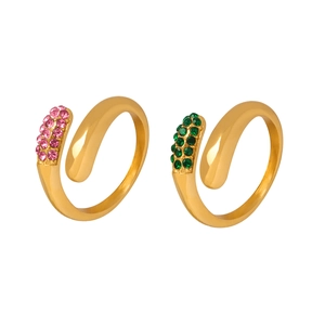 18K gold plated spiral ring featuring vibrant pink and emerald green rhinestones