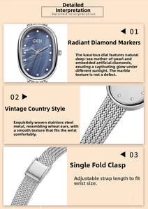 Detail of GEDI oval watch with blue mother of pearl dial and silver mesh steel strap