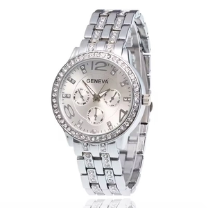 Luxury Geneva silver women's watch with full diamond bezel and stainless steel band