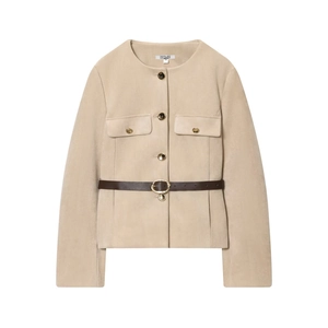 Veste blazer en daim kaki avec boutons dorés et ceinture en cuir marron foncé