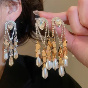 Elegant Long Tassel Drop Earrings With Rhinestones And Waterdrop Imitation Artificial Pearls Featuring Silver Earring Post Luxury Retro