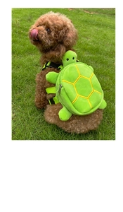 Detail of soft plush green turtle backpack with adjustable straps on a small brown dog