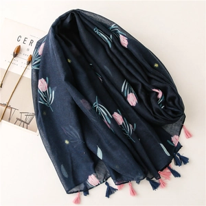 Navy blue cotton scarf with pink tulip floral print and fringe details for women