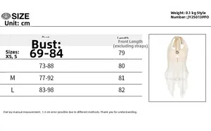 Gedetailleerde maattabel met afmetingen voor de sexy mesh haltertop in cm en kg