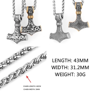 Nordic Thor's Hammer Viking pendant necklace in silver and gold stainless steel finish